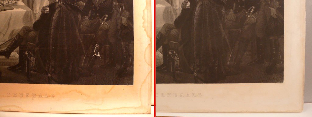Detail of lower corner, before (left) and after conservation.