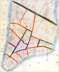Map of Cholera Cases, with Five Points Highlighted in Blue, 1832 (NYHS)