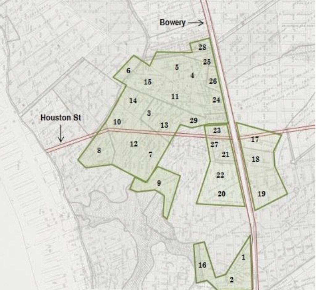 Map of lower Manhattan, with the lots belonging to 17th century free Black farmers outlined in green. There are 29 individual plots of land, mostly focused to the west of the Bowery and north of Houston Street.