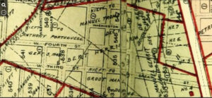 1909 map of West 3rd & 4th Streets, with red boundaries marking the original 17th century landholdings