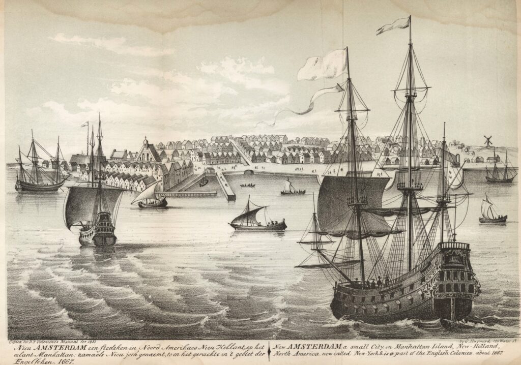 Black and white illustration of the harbor of New Amsterdam, with many fully-rigged sailing ships in the foreground