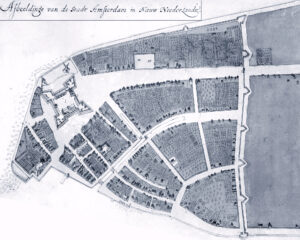 Map of New Amsterdam from 1660, detailing locations of all buildings, streets, and businesses